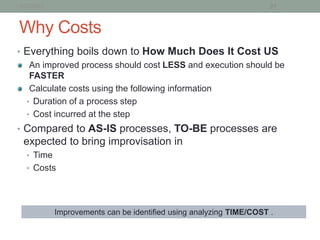 1/21/2013                                                            27


Why Costs
• Everything boils down to How Much Does It Cost US
   An improved process should cost LESS and execution should be
   FASTER
   Calculate costs using the following information
  • Duration of a process step
  • Cost incurred at the step
• Compared to AS-IS processes, TO-BE processes are
 expected to bring improvisation in
  • Time
  • Costs




            Improvements can be identified using analyzing TIME/COST .
 