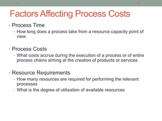 1/21/2013                                                       28


Factors Affecting Process Costs
• Process Time
  • How long does a process take from a resource capacity point of
    view

• Process Costs
  • What costs accrue during the execution of a process or of entire
    process chains aiming at the creation of products or services

• Resource Requirements
  • How many resources are required for performing the relevant
    processes
  • What is the degree of utilization of available resources
 