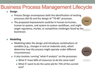 1/9/2013                                                               23


Business Process Management Lifecycle
       Design
          Process Design encompasses both the identification of existing
          processes (AS-IS) and the design of “TO-BE" processes.
                                                                              Design
          The proposed improvement could be in human-to-human,
          human-to-system, and system-to-system workflows, and might
          target regulatory, market, or competitive challenges faced by the
          businesses

       Modelling
         Modelling takes the design and introduces combinations of
         variables (e.g., changes in rent or materials costs, which
         determine how the process might operate under different
                                                                              Modeling
         circumstances).
         It also involves running "what-if analysis" on the processes:
              What if I have 60% of resources to do the same task?
              What if I want to do the same job for 75% of the current
              cost?
 
