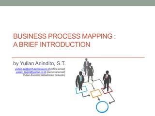 BUSINESS PROCESS MAPPING :
A BRIEF INTRODUCTION
by Yulian Anindito, S.T.
yulian.aw@gmf-aeroasia.co.id (office email)
yulian_tiugm@yahoo.co.id (personal email)
Yulian Anindito Widiatmoko (linkedin)
 