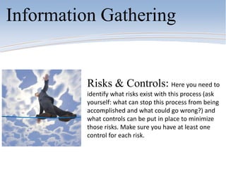 Information Gathering
Risks & Controls: Here you need to
identify what risks exist with this process (ask
yourself: what can stop this process from being
accomplished and what could go wrong?) and
what controls can be put in place to minimize
those risks. Make sure you have at least one
control for each risk.
 