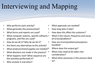 Interviewing and Mapping
• Who performs each activity?
• What generates the process/task?
• What forms and reports are used?
• What computer systems, specific software
programs, and files are used?
• How do we do it? Why do we do it?
• Are there any alternatives to the activity?
• What products/tools/supplies are needed?
• What decisions are made in the process?
• What happens next? What sequence are
the activities performed in?
• Who reviews it and when?
• What approvals are needed?
• How long does it take?
• How does this affect the customer?
• What is the nature, frequency and cause
of errors/problems?
• How are errors/problems/exceptions
handled?
• Where does the output go?
• What rules need to be taken into
consideration?
• What other processes is this process liked
to?
 