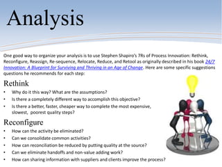 Analysis
One good way to organize your analysis is to use Stephen Shapiro’s 7Rs of Process Innovation: Rethink,
Reconfigure, Reassign, Re-sequence, Relocate, Reduce, and Retool as originally described in his book 24/7
Innovation: A Blueprint for Surviving and Thriving in an Age of Change. Here are some specific suggestions
questions he recommends for each step:
Rethink
• Why do it this way? What are the assumptions?
• Is there a completely different way to accomplish this objective?
• Is there a better, faster, cheaper way to complete the most expensive,
slowest, poorest quality steps?
Reconfigure
• How can the activity be eliminated?
• Can we consolidate common activities?
• How can reconciliation be reduced by putting quality at the source?
• Can we eliminate handoffs and non-value adding work?
• How can sharing information with suppliers and clients improve the process?
 