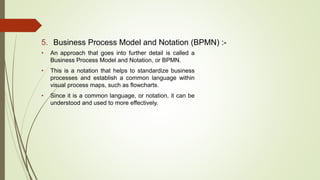 5. Business Process Model and Notation (BPMN) :-
• An approach that goes into further detail is called a
Business Process Model and Notation, or BPMN.
• This is a notation that helps to standardize business
processes and establish a common language within
visual process maps, such as flowcharts.
• Since it is a common language, or notation, it can be
understood and used to more effectively.
 