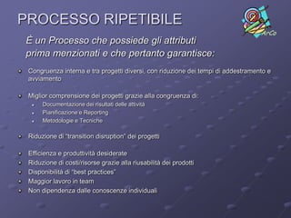 PROCESSO RIPETIBILE
                                                                                  ArCo
È un Processo che possiede gli attributi
prima menzionati e che pertanto garantisce:
 Congruenza interna e tra progetti diversi, con riduzione dei tempi di addestramento e
 avviamento

 Miglior comprensione dei progetti grazie alla congruenza di:
     Documentazione dei risultati delle attività
     Pianificazione e Reporting
     Metodologie e Tecniche

 Riduzione di “transition disruption” dei progetti

 Efficienza e produttività desiderate
 Riduzione di costi/risorse grazie alla riusabilità dei prodotti
 Disponibilità di “best practices”
 Maggior lavoro in team
 Non dipendenza dalle conoscenze individuali
 