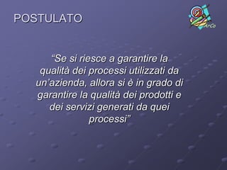 POSTULATO                               ArCo




     “Se si riesce a garantire la
   qualità dei processi utilizzati da
  un’azienda, allora si è in grado di
  garantire la qualità dei prodotti e
     dei servizi generati da quei
               processi”
 