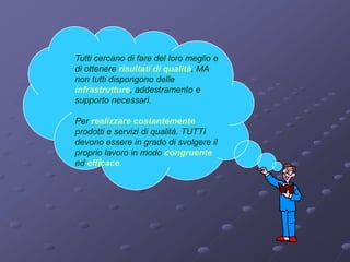 Tutti cercano di fare del loro meglio e
di ottenere risultati di qualità, MA
non tutti dispongono delle
infrastrutture, addestramento e
supporto necessari.

Per realizzare costantemente
prodotti e servizi di qualità, TUTTI
devono essere in grado di svolgere il
proprio lavoro in modo congruente
ed efficace.
 