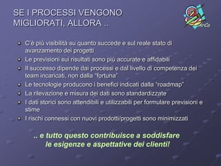 SE I PROCESSI VENGONO
MIGLIORATI, ALLORA ..                                                    ArCo


  C’è più visibilità su quanto succede e sul reale stato di
  avanzamento dei progetti
  Le previsioni sui risultati sono più accurate e affidabili
  Il successo dipende dai processi e dal livello di competenza dei
  team incaricati, non dalla “fortuna”
  Le tecnologie producono i benefici indicati dalla “roadmap”
  La rilevazione e misura dei dati sono standardizzate
  I dati storici sono attendibili e utilizzabili per formulare previsioni e
  stime
  I rischi connessi con nuovi prodotti/progetti sono minimizzati

     .. e tutto questo contribuisce a soddisfare
          le esigenze e aspettative dei clienti!
 