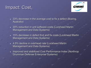 Impact: Cost1                                                      ArCo



     33% decrease in the average cost to fix a defect (Boeing,
      Australia)

     20% reduction in unit software costs (Lockheed Martin
      Management and Data Systems)

     15% decrease in defect find and fix costs (Lockheed Martin
      Management and Data Systems)

     4.5% decline in overhead rate (Lockheed Martin
      Management and Data Systems)

     Improved and stabilized Cost Performance Index (Northrop
      Grumman Defense Enterprise Systems)
 