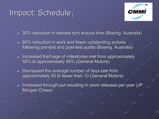 Impact: Schedule1                                                     ArCo



     50% reduction in release turn around time (Boeing, Australia)

     60% reduction in work and fewer outstanding actions
      following pre-test and post-test audits (Boeing, Australia)

     Increased the%age of milestones met from approximately
      50% to approximately 95% (General Motors)

     Decreased the average number of days late from
      approximately 50 to fewer than 10 (General Motors)

     Increased through-put resulting in more releases per year (JP
      Morgan Chase)
 