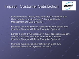 Impact: Customer Satisfaction                                         ArCo



     Increased award fees by 55% compared to an earlier SW-
      CMM baseline at maturity level 2 (Lockheed Martin
      Management and Data Systems)

     Received more than 98% of possible customer award fees
      (Northrop Grumman Defense Enterprise Systems)

     Earned a rating of “Exceptional” in every applicable category
      on their Contractor Performance Evaluation Survey
      (Northrop Grumman Defense Enterprise Systems)

     Improved average customer satisfaction rating 10%
      (Siemens Information Systems Ltd, India)
 
