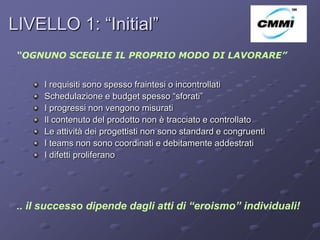 LIVELLO 1: “Initial”                                               ArCo

 “OGNUNO SCEGLIE IL PROPRIO MODO DI LAVORARE”


      I requisiti sono spesso fraintesi o incontrollati
      Schedulazione e budget spesso “sforati”
      I progressi non vengono misurati
      Il contenuto del prodotto non è tracciato e controllato
      Le attività dei progettisti non sono standard e congruenti
      I teams non sono coordinati e debitamente addestrati
      I difetti proliferano




 .. il successo dipende dagli atti di “eroismo” individuali!
 