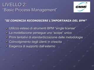 LIVELLO 2:
“Basic Process Management”                                  ArCo



 “SI COMINCIA RICONOSCERE L’IMPORTANZA DEL BPM”


   Utilizzo esteso di strumenti BPM “single license”
   La modellazione persegue uno “scope” unico
   Primi tentativi di standardizzazione delle metodologie
   Coinvolgimento degli utenti in crescita
   Esigenza di supporto dall’esterno
 