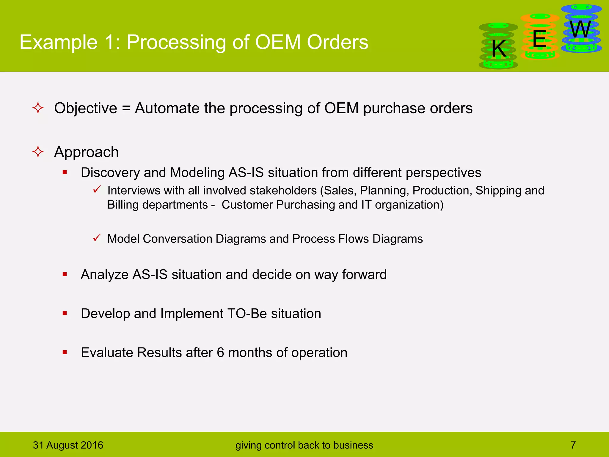 DanGa
K E WExample 1: Processing of OEM Orders
 Objective = Automate the processing of OEM purchase orders
 Approach
 Discovery and Modeling AS-IS situation from different perspectives
 Interviews with all involved stakeholders (Sales, Planning, Production, Shipping and
Billing departments - Customer Purchasing and IT organization)
 Model Conversation Diagrams and Process Flows Diagrams
 Analyze AS-IS situation and decide on way forward
 Develop and Implement TO-Be situation
 Evaluate Results after 6 months of operation
31 August 2016 giving control back to business 7
 