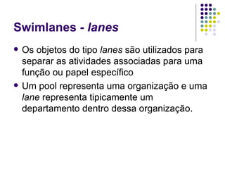 Swimlanes  - lanes Os objetos do tipo  lanes  são utilizados para separar as atividades associadas para uma função ou papel específico Um pool representa uma organização e uma  lane  representa tipicamente um departamento dentro dessa organização.  