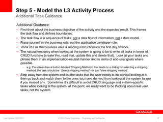 Step 5 - Model the L3 Activity Process
Additional Task Guidance
Additional Guidance:
• First think about the business objective of the activity and the expected result. This frames
the task flow and defines boundaries.
• The task flow is a sequence of tasks; not a data flow of information, not a data model.
• Place yourself in the business role; not the application developer role.
• Think of it as the business user is reading instructions on the first day of work.
• The natural tendency when looking at the system is going to be to write all tasks in terms of
CRUD functions (create this, read that, update this and delete that). Look at your tasks and
phrase them in an implementation-neutral manner and in terms of end-user goals where
possible.
– e.g. If a screen has a button labeled 'Shipping Methods' that leads to a dialog for selecting a shipping
method, the task should be: 'Select shipping method' not just 'View shipping method'.
• Step away from the system and list the tasks that the user needs to do without looking at it,
then go back and match them to the ones you have derived from looking at the system to see
if you missed any. Sometimes it’s difficult to avoid CRUD language and system-specific
tasks while looking at the system; at this point, we really want to be thinking about real user
tasks, not the system.
Last Updated 02/23/2011 © 2010 Oracle Corporation – Proprietary and Confidential 37
 