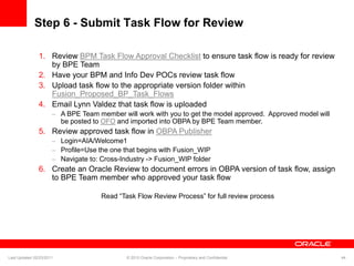 Step 6 - Submit Task Flow for Review
1. Review BPM Task Flow Approval Checklist to ensure task flow is ready for review
by BPE Team
2. Have your BPM and Info Dev POCs review task flow
3. Upload task flow to the appropriate version folder within
Fusion_Proposed_BP_Task_Flows
4. Email Lynn Valdez that task flow is uploaded
– A BPE Team member will work with you to get the model approved. Approved model will
be posted to OFO and imported into OBPA by BPE Team member.
5. Review approved task flow in OBPA Publisher
– Login=AIA/Welcome1
– Profile=Use the one that begins with Fusion_WIP
– Navigate to: Cross-Industry -> Fusion_WIP folder
6. Create an Oracle Review to document errors in OBPA version of task flow, assign
to BPE Team member who approved your task flow
Read “Task Flow Review Process” for full review process
Last Updated 02/23/2011 © 2010 Oracle Corporation – Proprietary and Confidential 44
 