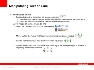 Manipulating Text on Line
• Insert words on line
– Double click on line, dotted box will appear, enter text
• If you ever move the line, the text is actually associated with the line and the text moves with it.
• Do not add a text box next to a line, it will not be associated with the line
• Move, resize or center words on line
– Select the “Text Block Tool” in the Visio tool bar
– Move: wait for the “Move Text Block” icon, then drag text box as needed
– Resize: wait for the “Size Text Block” icon, then adjust size
– Center: wait for the “Size Text Block” icon, then adjust left and right edges of text box to
beginning and ending of the line
Last Updated 02/23/2011 © 2010 Oracle Corporation – Proprietary and Confidential 47
 