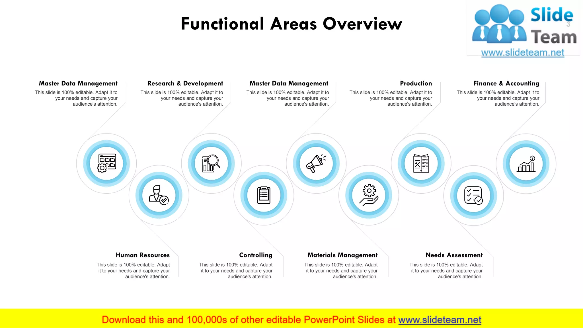 Functional Areas Overview
Master Data Management
This slide is 100% editable. Adapt it to
your needs and capture your
audience's attention.
Human Resources
This slide is 100% editable. Adapt
it to your needs and capture your
audience's attention.
Research & Development
This slide is 100% editable. Adapt it to
your needs and capture your
audience's attention.
Controlling
This slide is 100% editable. Adapt
it to your needs and capture your
audience's attention.
Materials Management
This slide is 100% editable. Adapt
it to your needs and capture your
audience's attention.
Master Data Management Production
This slide is 100% editable. Adapt it to
your needs and capture your
audience's attention.
Needs Assessment
This slide is 100% editable. Adapt
it to your needs and capture your
audience's attention.
Finance & Accounting
This slide is 100% editable. Adapt it to
your needs and capture your
audience's attention.
This slide is 100% editable. Adapt it to
your needs and capture your
audience's attention.
3
 