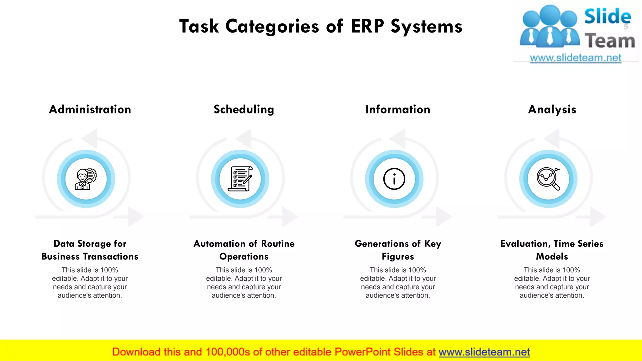 Task Categories of ERP Systems
Administration
Data Storage for
Business Transactions
This slide is 100%
editable. Adapt it to your
needs and capture your
audience's attention.
Scheduling
Automation of Routine
Operations
This slide is 100%
editable. Adapt it to your
needs and capture your
audience's attention.
Information
Generations of Key
Figures
This slide is 100%
editable. Adapt it to your
needs and capture your
audience's attention.
Analysis
Evaluation, Time Series
Models
This slide is 100%
editable. Adapt it to your
needs and capture your
audience's attention.
5
 