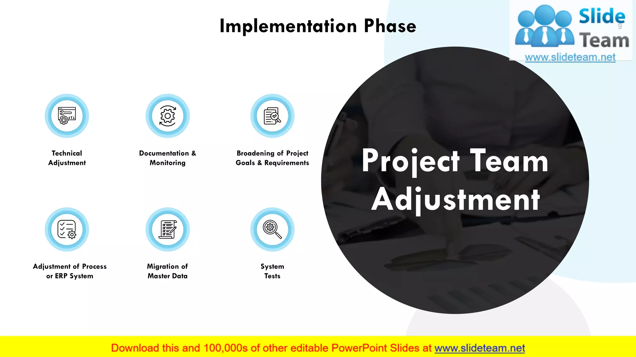 This slide is 100% editable. Adapt it to your needs and capture your audience's attention.
Technical
Adjustment
Adjustment of Process
or ERP System
Documentation &
Monitoring
Migration of
Master Data
Broadening of Project
Goals & Requirements
System
Tests
9
Project Team
Adjustment
Implementation Phase
 