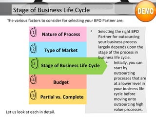 Stage of Business Life Cycle
11 Nature of Process
22 Type of Market
33 Stage of Business
Life Cycle
44
Budget
55 Partial vs. Complete
Let us look at each in detail.
The various factors to consider for selecting your BPO Partner are:
33
Stage of Business Life Cycle
• Selecting the right BPO
Partner for outsourcing
your business process
largely depends upon the
stage of the process in
business life cycle.
• Initially, you can
start by
outsourcing
processes that are
at a lower level in
your business life
cycle before
moving onto
outsourcing high
value processes.
 
