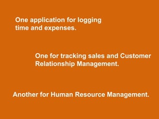One application for logging
time and expenses.



      One for tracking sales and Customer
      Relationship Management.



Another for Human Resource Management.
 