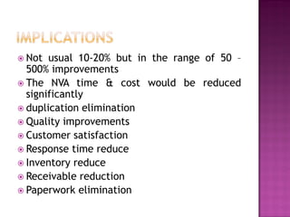  Not

usual 10-20% but in the range of 50 –
500% improvements
 The NVA time & cost would be reduced
significantly
 duplication elimination
 Quality improvements
 Customer satisfaction
 Response time reduce
 Inventory reduce
 Receivable reduction
 Paperwork elimination

 