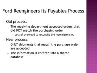 Ford Reengineers Its Payables Process
•

Old process:
–

The receiving department accepted orders that
did NOT match the purchasing order
•

•

Lots of overhead to reconcile the inconsistencies

New process:
–

–

ONLY shipments that match the purchase order
are accepted
The information is entered into a shared
database

 