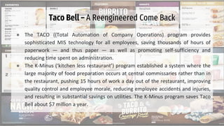 Taco Bell – A Reengineered Come Back
● The TACO ((Total Automation of Company Operations) program provides
sophisticated MIS technology for all employees, saving thousands of hours of
paperwork — and thus paper — as well as promoting self-sufficiency and
reducing time spent on administration.
● The K-Minus (‘kitchen less restaurant’) program established a system where the
large majority of food preparation occurs at central commissaries rather than in
the restaurant, pushing 15 hours of work a day out of the restaurant, improving
quality control and employee morale, reducing employee accidents and injuries,
and resulting in substantial savings on utilities. The K-Minus program saves Taco
Bell about $7 million a year.
 