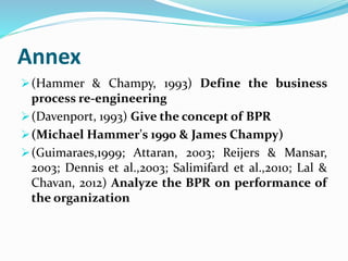 Annex
(Hammer & Champy, 1993) Define the business
process re-engineering
(Davenport, 1993) Give the concept of BPR
(Michael Hammer's 1990 & James Champy)
(Guimaraes,1999; Attaran, 2003; Reijers & Mansar,
2003; Dennis et al.,2003; Salimifard et al.,2010; Lal &
Chavan, 2012) Analyze the BPR on performance of
the organization
 