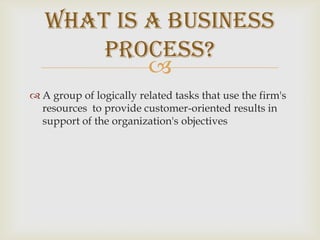 What is a Business Process?A group of logically related tasks that use the firm's resources  to provide customer-oriented results in support of the organization's objectives