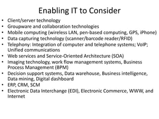 Enabling IT to Consider
•   Client/server technology
•   Groupware and collaboration technologies
•   Mobile computing (wireless LAN, pen-based computing, GPS, iPhone)
•   Data capturing technology (scanner/barcode reader/RFID)
•   Telephony: Integration of computer and telephone systems; VoIP;
    Unified communications
•   Web services and Service-Oriented Architecture (SOA)
•   Imaging technology, work flow management systems, Business
    Process Management (BPM)
•   Decision support systems, Data warehouse, Business intelligence,
    Data mining, Digital dashboard
•   ERP, CRM, SCM
•   Electronic Data Interchange (EDI), Electronic Commerce, WWW, and
    Internet
 