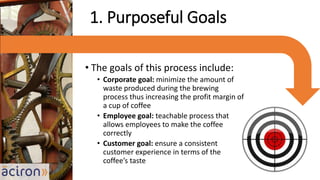 • The goals of this process include:
• Corporate goal: minimize the amount of
waste produced during the brewing
process thus increasing the profit margin of
a cup of coffee
• Employee goal: teachable process that
allows employees to make the coffee
correctly
• Customer goal: ensure a consistent
customer experience in terms of the
coffee’s taste
1. Purposeful Goals
 