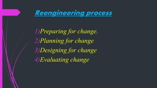 Reengineering process
1)Preparing for change.
2)Planning for change
3)Designing for change
4)Evaluating change
 