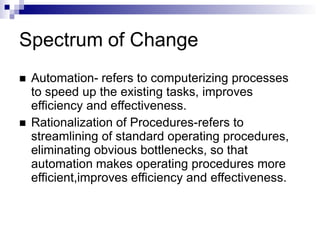 Spectrum of Change
 Automation- refers to computerizing processes
to speed up the existing tasks, improves
efficiency and effectiveness.
 Rationalization of Procedures-refers to
streamlining of standard operating procedures,
eliminating obvious bottlenecks, so that
automation makes operating procedures more
efficient,improves efficiency and effectiveness.
 