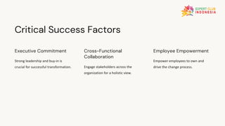 Critical Success Factors
Executive Commitment
Strong leadership and buy-in is
crucial for successful transformation.
Cross-Functional
Collaboration
Engage stakeholders across the
organization for a holistic view.
Employee Empowerment
Empower employees to own and
drive the change process.
 