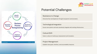 Potential Challenges
Resistance to Change
Overcome fear and skepticism through transparent communication.
Technological Integration
Ensure new systems and tools seamlessly integrate with existing infrastructure.
Cultural Shift
Foster a culture of continuous improvement and innovation.
Project Management
Establish clear goals, timelines, and accountability measures.
 