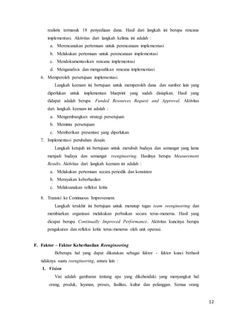 12
realistis termasuk 18 penyediaan dana. Hasil dari langkah ini berupa rencana
implementasi. Aktivitas dari langkah kelima ini adalah :
a. Merencanakan pertemuan untuk perencanaan implementasi
b. Melakukan pertemuan untuk perencanaan implementasi
c. Mendokumentasikan rencana implementasi
d. Menganalisis dan mengesahkan rencana implementasi
6. Memperoleh persetujuan implementasi.
Langkah keenam ini bertujuan untuk memperoleh dana dan sumber lain yang
diperlukan untuk implementasi blueprint yang sudah disiapkan. Hasil yang
didapat adalah berupa Funded Resources Request and Approval. Aktivitas
dari langkah keenam ini adalah :
a. Mengembangkan strategi persetujuan
b. Meminta persetujuan
c. Memberikan presentasi yang diperlukan
7. Implementasi perubahan desain.
Langkah ketujuh ini bertujuan untuk merubah budaya dan semangat yang lama
menjadi budaya dan semangat reengineering. Hasilnya berupa Measurement
Results. Aktivitas dari langkah keenam ini adalah :
a. Melakukan pertemuan secara periodik dan konsisten
b. Merayakan keberhasilan
c. Melaksanakan refleksi kritis
8. Transisi ke Continuous Improvement.
Langkah terakhir ini bertujuan untuk menutup tugas team reengineering dan
membiarkan organisasi melakukan perbaikan secara terus-menerus. Hasil yang
dicapai berupa Continually Improved Performance. Aktivitas kuncinya berupa
pengukuran dan refleksi kritis terus-menerus oleh unit operasi.
F. Faktor – Faktor Keberhasilan Reengineering
Beberapa hal yang dapat dikatakan sebagai faktor - faktor kunci berhasil
tidaknya suatu reengineering, antara lain :
1. Vision
Visi adalah gambaran tentang apa yang dikehendaki yang menyangkut hal
orang, produk, layanan, proses, fasilitas, kultur dan pelanggan. Semua orang
 