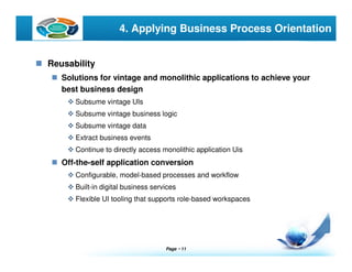 Page  11
LOGO 4. Applying Business Process Orientation
Reusability
Solutions for vintage and monolithic applications to achieve your
best business design
Subsume vintage UIs
Subsume vintage business logic
Subsume vintage data
Extract business events
Continue to directly access monolithic application Uis
Off-the-self application conversion
Configurable, model-based processes and workflow
Built-in digital business services
Flexible UI tooling that supports role-based workspaces
 