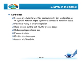 Page  20
LOGO 5. BPMS in the market
AuraPortal
Focuses on solution for workflow application only. Can functionalize as
UI layer and workflow engine layer of the architecture mentioned above
Provides a variety of system integration
Rapid process building tool - GUI for process design
Reduce coding/developing cost
Process simulator
Mobility, clouding support
Base on MS SharePoint
 