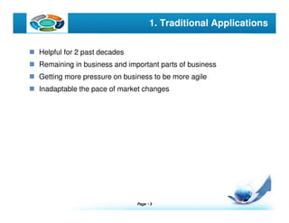 Page  3
LOGO 1. Traditional Applications
Helpful for 2 past decades
Remaining in business and important parts of business
Getting more pressure on business to be more agile
Inadaptable the pace of market changes
 