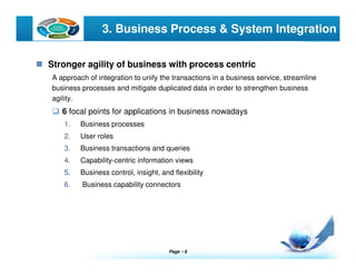 Page  6
LOGO 3. Business Process & System Integration
Stronger agility of business with process centric
A approach of integration to unify the transactions in a business service, streamline
business processes and mitigate duplicated data in order to strengthen business
agility.
6 focal points for applications in business nowadays
1. Business processes
2. User roles
3. Business transactions and queries
4. Capability-centric information views
5. Business control, insight, and flexibility
6. Business capability connectors
 
