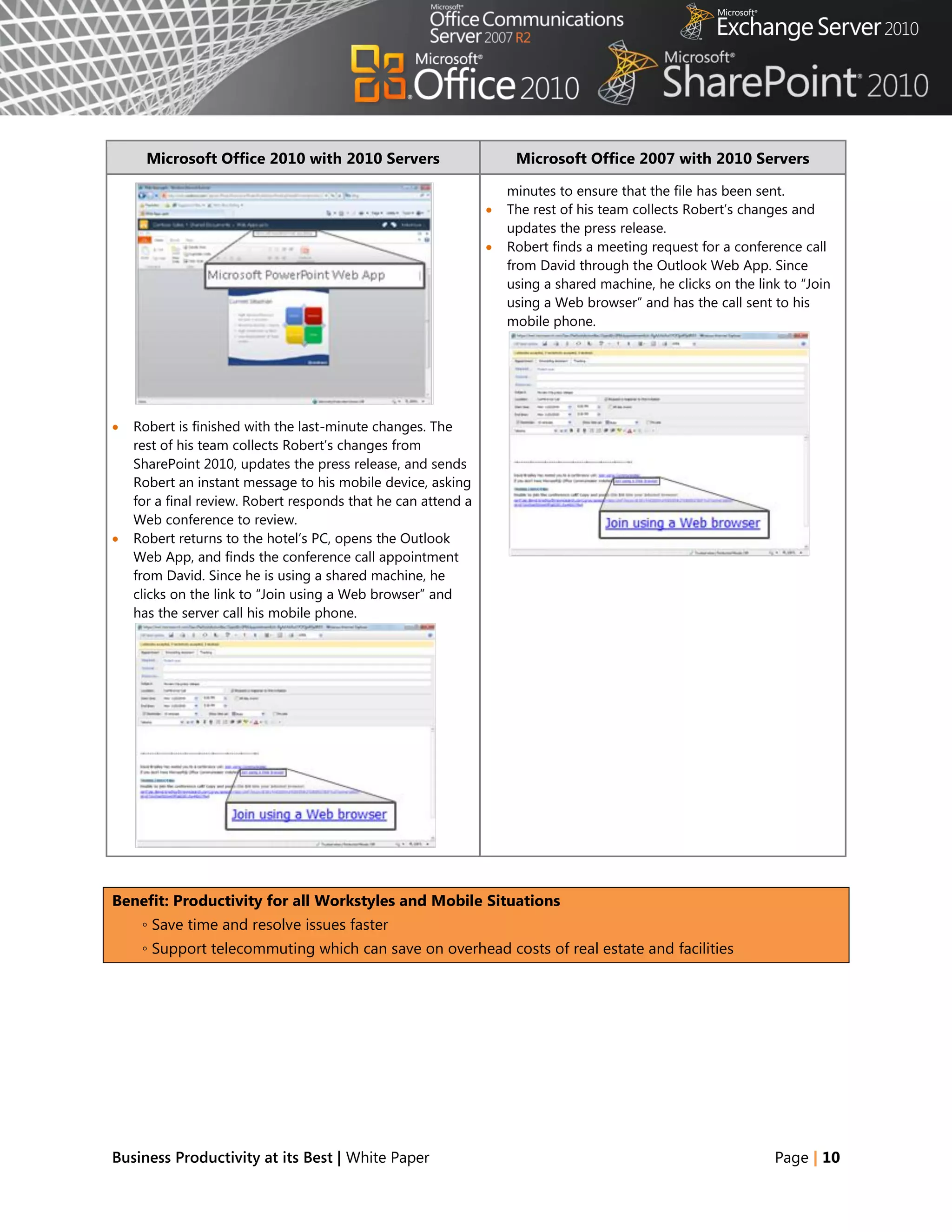 Microsoft Office 2010 with 2010 Servers                       Microsoft Office 2007 with 2010 Servers

                                                                   minutes to ensure that the file has been sent.
                                                                  The rest of his team collects Robert‘s changes and
                                                                   updates the press release.
                                                                  Robert finds a meeting request for a conference call
                                                                   from David through the Outlook Web App. Since
                                                                   using a shared machine, he clicks on the link to ―Join
                                                                   using a Web browser‖ and has the call sent to his
                                                                   mobile phone.




   Robert is finished with the last-minute changes. The
    rest of his team collects Robert‘s changes from
    SharePoint 2010, updates the press release, and sends
    Robert an instant message to his mobile device, asking
    for a final review. Robert responds that he can attend a
    Web conference to review.
   Robert returns to the hotel‘s PC, opens the Outlook
    Web App, and finds the conference call appointment
    from David. Since he is using a shared machine, he
    clicks on the link to ―Join using a Web browser‖ and
    has the server call his mobile phone.




Benefit: Productivity for all Workstyles and Mobile Situations
     ◦ Save time and resolve issues faster
     ◦ Support telecommuting which can save on overhead costs of real estate and facilities




Business Productivity at its Best | White Paper                                                                Page | 10
 