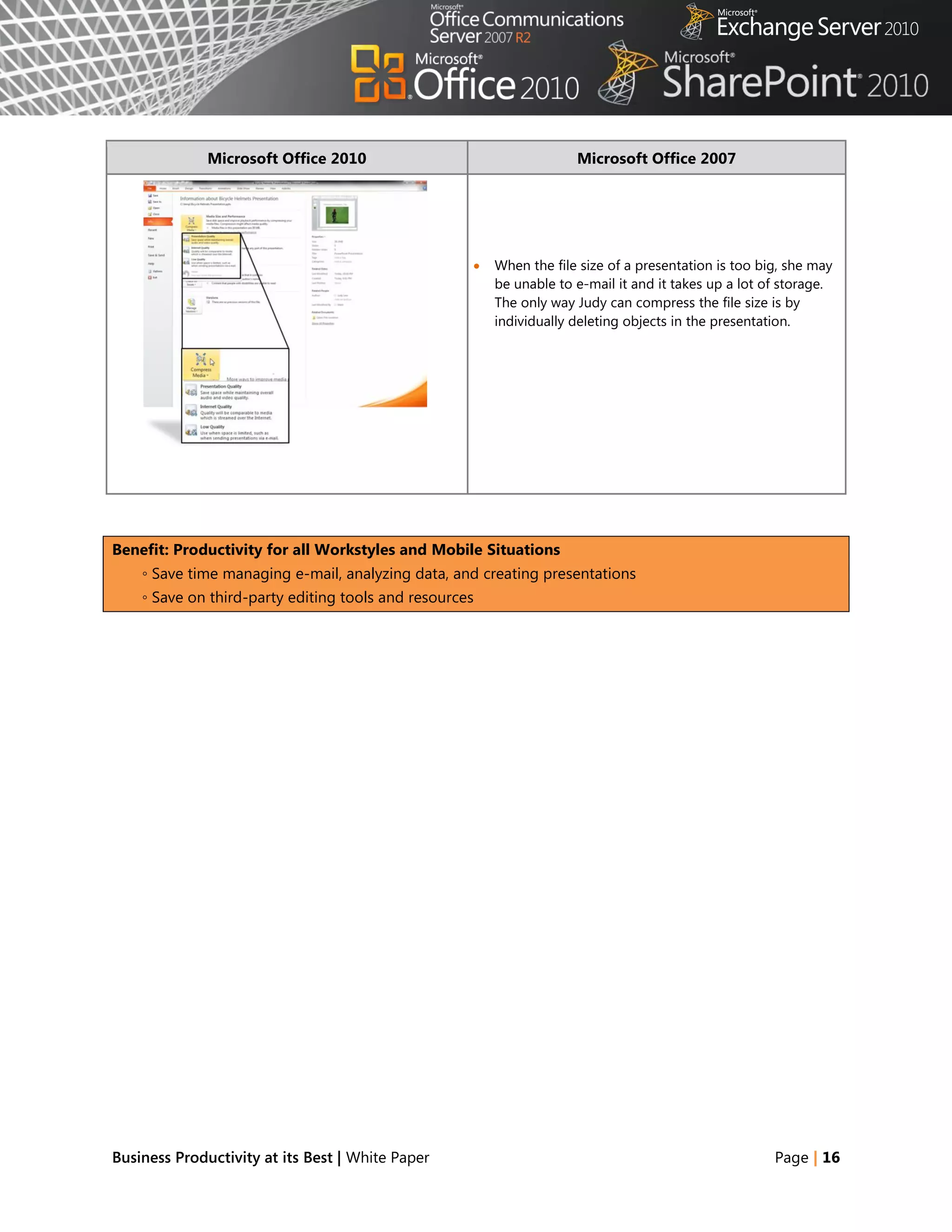 Microsoft Office 2010                                  Microsoft Office 2007




                                                       When the file size of a presentation is too big, she may
                                                        be unable to e-mail it and it takes up a lot of storage.
                                                        The only way Judy can compress the file size is by
                                                        individually deleting objects in the presentation.




Benefit: Productivity for all Workstyles and Mobile Situations
    ◦ Save time managing e-mail, analyzing data, and creating presentations
    ◦ Save on third-party editing tools and resources




Business Productivity at its Best | White Paper                                                       Page | 16
 