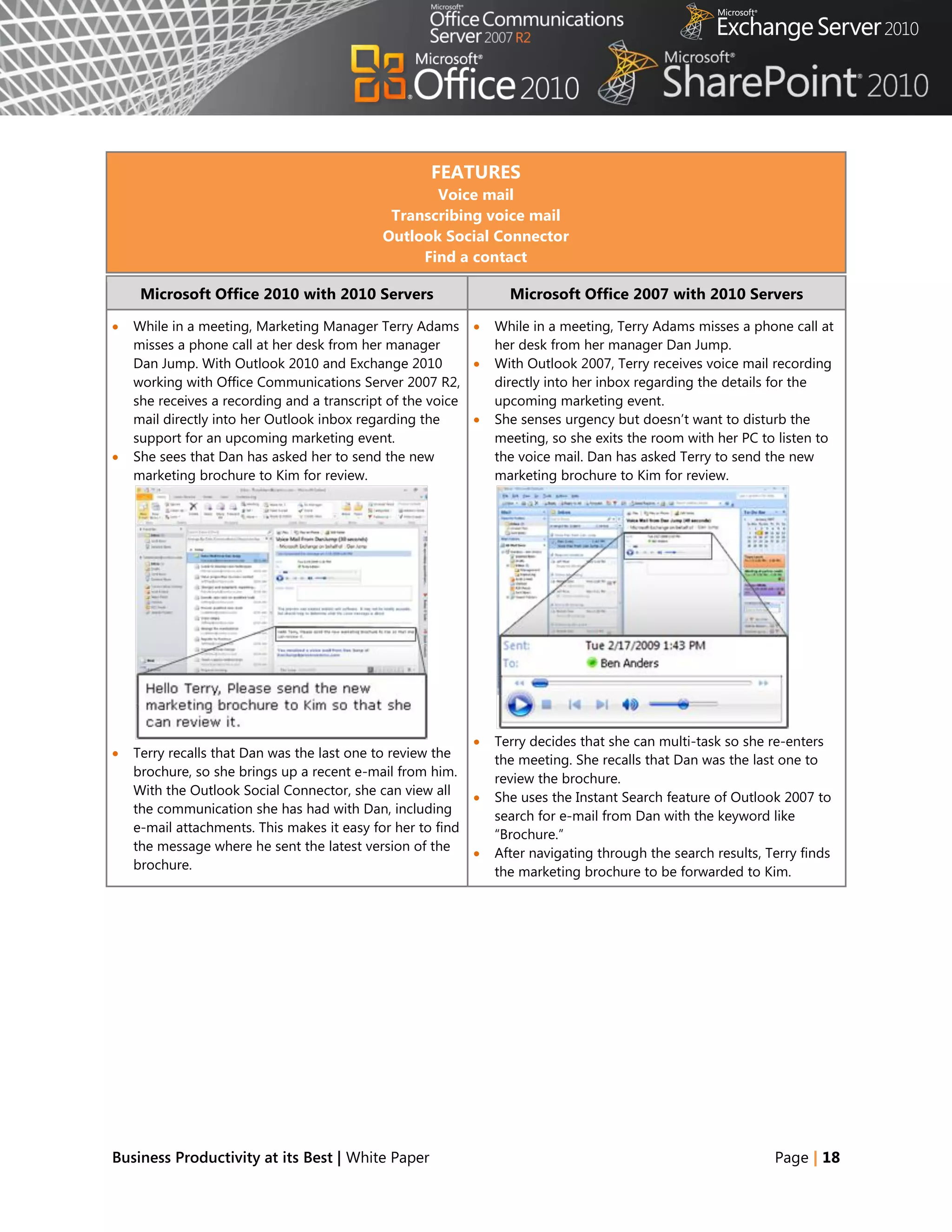 FEATURES
                                                   Voice mail
                                             Transcribing voice mail
                                            Outlook Social Connector
                                                 Find a contact

     Microsoft Office 2010 with 2010 Servers                     Microsoft Office 2007 with 2010 Servers

   While in a meeting, Marketing Manager Terry Adams         While in a meeting, Terry Adams misses a phone call at
    misses a phone call at her desk from her manager           her desk from her manager Dan Jump.
    Dan Jump. With Outlook 2010 and Exchange 2010             With Outlook 2007, Terry receives voice mail recording
    working with Office Communications Server 2007 R2,         directly into her inbox regarding the details for the
    she receives a recording and a transcript of the voice     upcoming marketing event.
    mail directly into her Outlook inbox regarding the        She senses urgency but doesn‘t want to disturb the
    support for an upcoming marketing event.                   meeting, so she exits the room with her PC to listen to
   She sees that Dan has asked her to send the new            the voice mail. Dan has asked Terry to send the new
    marketing brochure to Kim for review.                      marketing brochure to Kim for review.




                                                              Terry decides that she can multi-task so she re-enters
   Terry recalls that Dan was the last one to review the      the meeting. She recalls that Dan was the last one to
    brochure, so she brings up a recent e-mail from him.       review the brochure.
    With the Outlook Social Connector, she can view all       She uses the Instant Search feature of Outlook 2007 to
    the communication she has had with Dan, including
                                                               search for e-mail from Dan with the keyword like
    e-mail attachments. This makes it easy for her to find     ―Brochure.‖
    the message where he sent the latest version of the       After navigating through the search results, Terry finds
    brochure.                                                  the marketing brochure to be forwarded to Kim.




Business Productivity at its Best | White Paper                                                              Page | 18
 