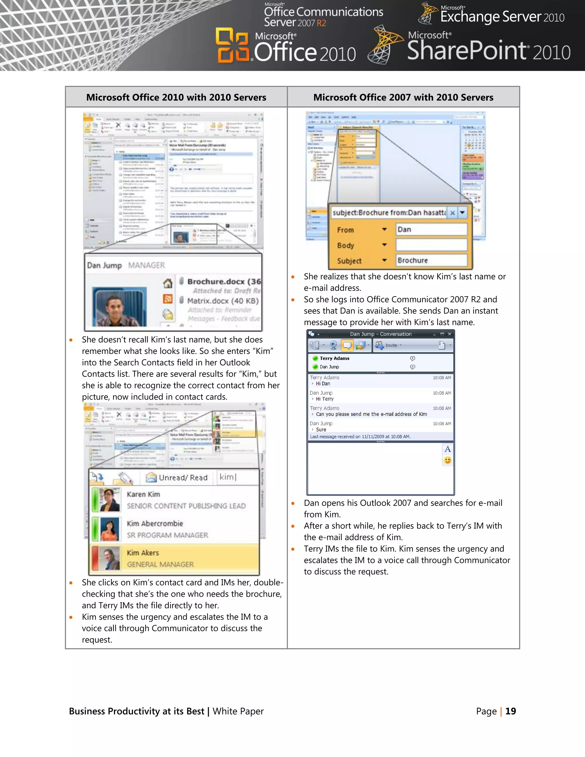 Microsoft Office 2010 with 2010 Servers                        Microsoft Office 2007 with 2010 Servers




                                                                 She realizes that she doesn‘t know Kim‘s last name or
                                                                  e-mail address.
                                                                 So she logs into Office Communicator 2007 R2 and
                                                                  sees that Dan is available. She sends Dan an instant
                                                                  message to provide her with Kim‘s last name.

   She doesn‘t recall Kim‘s last name, but she does
    remember what she looks like. So she enters ―Kim‖
    into the Search Contacts field in her Outlook
    Contacts list. There are several results for ―Kim,‖ but
    she is able to recognize the correct contact from her
    picture, now included in contact cards.




                                                                 Dan opens his Outlook 2007 and searches for e-mail
                                                                  from Kim.
                                                                 After a short while, he replies back to Terry‘s IM with
                                                                  the e-mail address of Kim.
                                                                 Terry IMs the file to Kim. Kim senses the urgency and
                                                                  escalates the IM to a voice call through Communicator
                                                                  to discuss the request.
   She clicks on Kim‘s contact card and IMs her, double-
    checking that she‘s the one who needs the brochure,
    and Terry IMs the file directly to her.
   Kim senses the urgency and escalates the IM to a
    voice call through Communicator to discuss the
    request.




Business Productivity at its Best | White Paper                                                                Page | 19
 
