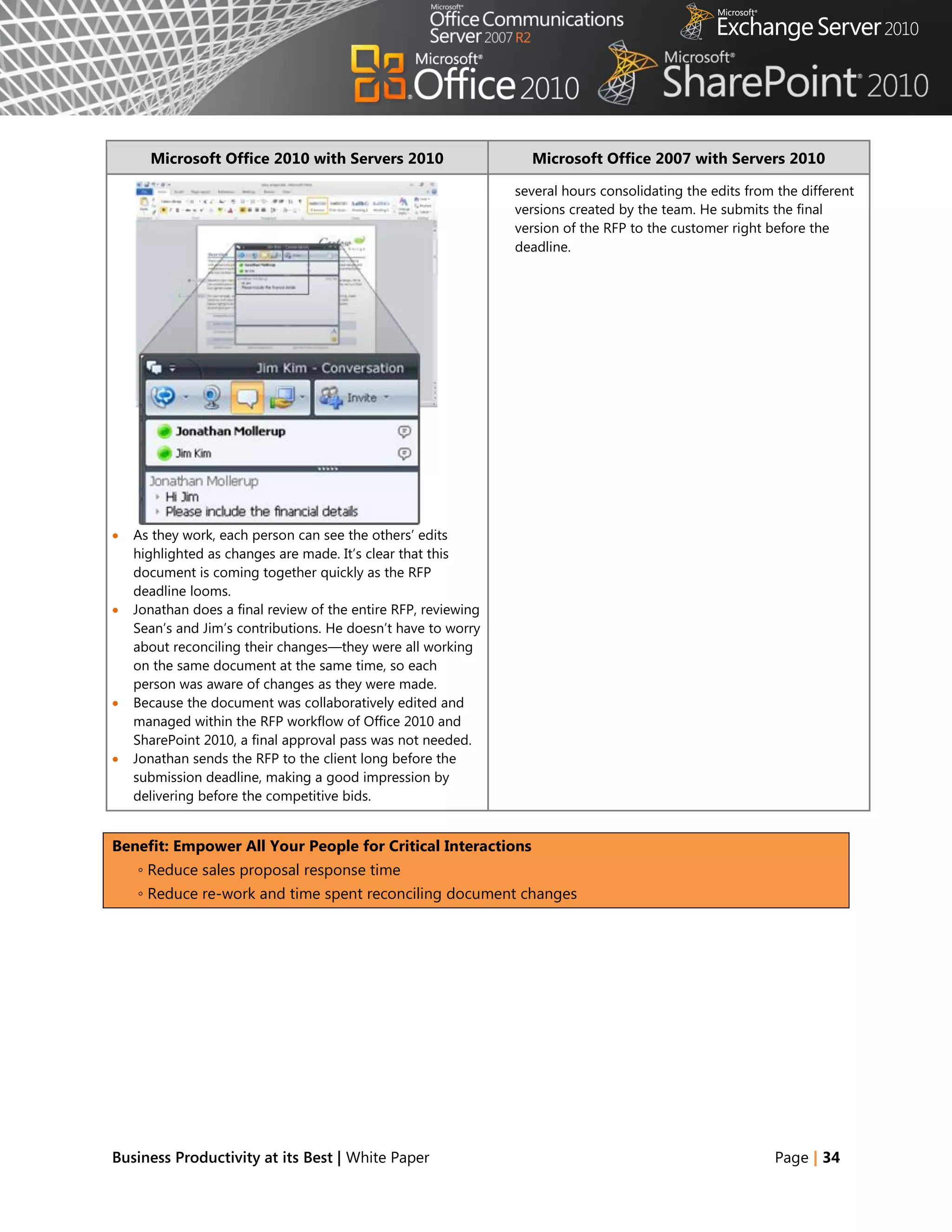 Microsoft Office 2010 with Servers 2010                     Microsoft Office 2007 with Servers 2010

                                                                several hours consolidating the edits from the different
                                                                versions created by the team. He submits the final
                                                                version of the RFP to the customer right before the
                                                                deadline.




   As they work, each person can see the others‘ edits
    highlighted as changes are made. It‘s clear that this
    document is coming together quickly as the RFP
    deadline looms.
   Jonathan does a final review of the entire RFP, reviewing
    Sean‘s and Jim‘s contributions. He doesn‘t have to worry
    about reconciling their changes—they were all working
    on the same document at the same time, so each
    person was aware of changes as they were made.
   Because the document was collaboratively edited and
    managed within the RFP workflow of Office 2010 and
    SharePoint 2010, a final approval pass was not needed.
   Jonathan sends the RFP to the client long before the
    submission deadline, making a good impression by
    delivering before the competitive bids.


Benefit: Empower All Your People for Critical Interactions
    ◦ Reduce sales proposal response time
    ◦ Reduce re-work and time spent reconciling document changes




Business Productivity at its Best | White Paper                                                           Page | 34
 