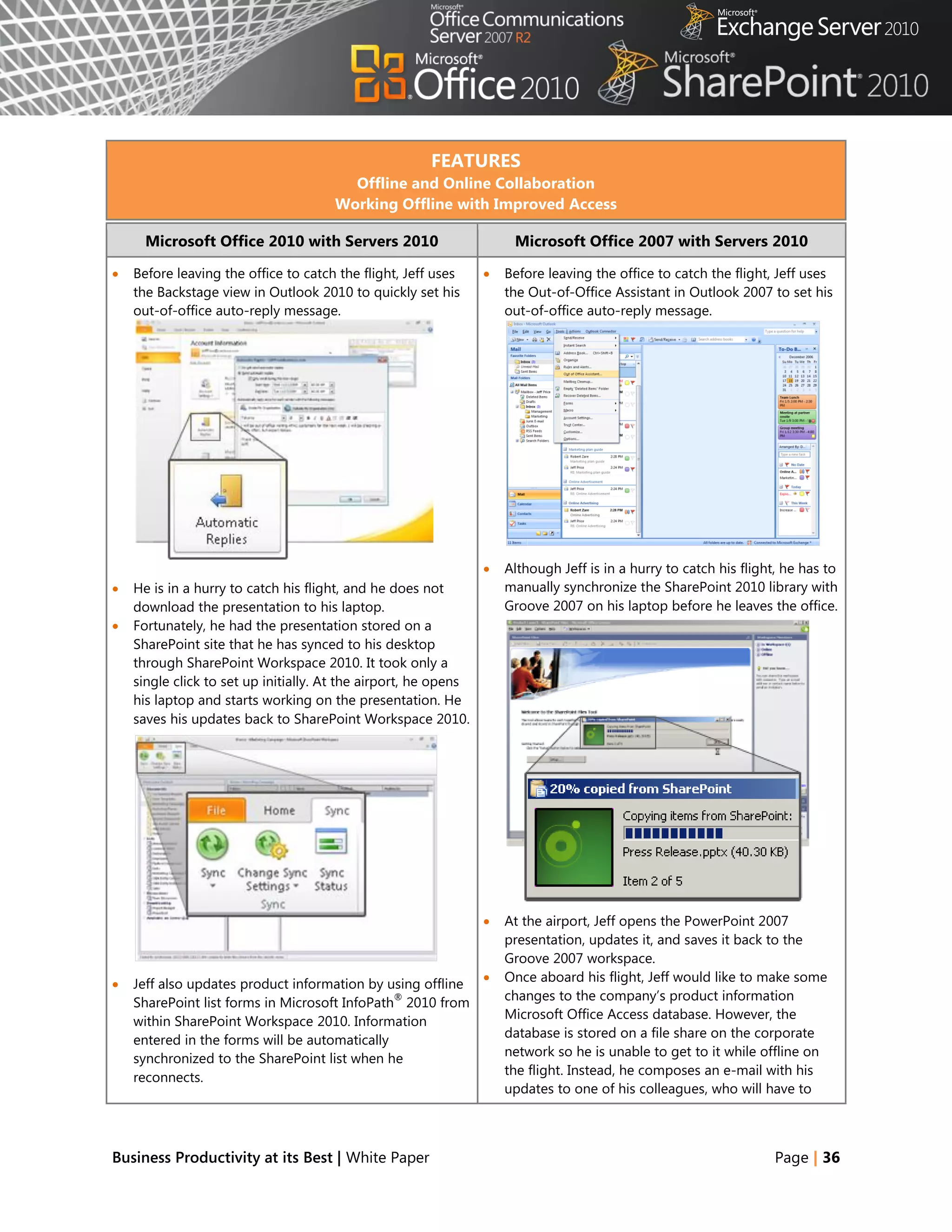 FEATURES
                                        Offline and Online Collaboration
                                      Working Offline with Improved Access

      Microsoft Office 2010 with Servers 2010                         Microsoft Office 2007 with Servers 2010

   Before leaving the office to catch the flight, Jeff uses        Before leaving the office to catch the flight, Jeff uses
    the Backstage view in Outlook 2010 to quickly set his            the Out-of-Office Assistant in Outlook 2007 to set his
    out-of-office auto-reply message.                                out-of-office auto-reply message.




                                                                    Although Jeff is in a hurry to catch his flight, he has to
   He is in a hurry to catch his flight, and he does not            manually synchronize the SharePoint 2010 library with
    download the presentation to his laptop.                         Groove 2007 on his laptop before he leaves the office.
   Fortunately, he had the presentation stored on a
    SharePoint site that he has synced to his desktop
    through SharePoint Workspace 2010. It took only a
    single click to set up initially. At the airport, he opens
    his laptop and starts working on the presentation. He
    saves his updates back to SharePoint Workspace 2010.




                                                                    At the airport, Jeff opens the PowerPoint 2007
                                                                     presentation, updates it, and saves it back to the
                                                                     Groove 2007 workspace.
   Jeff also updates product information by using offline          Once aboard his flight, Jeff would like to make some
                                               ®
    SharePoint list forms in Microsoft InfoPath 2010 from            changes to the company‘s product information
                                                                     Microsoft Office Access database. However, the
    within SharePoint Workspace 2010. Information
                                                                     database is stored on a file share on the corporate
    entered in the forms will be automatically
    synchronized to the SharePoint list when he                      network so he is unable to get to it while offline on
                                                                     the flight. Instead, he composes an e-mail with his
    reconnects.
                                                                     updates to one of his colleagues, who will have to



Business Productivity at its Best | White Paper                                                                     Page | 36
 