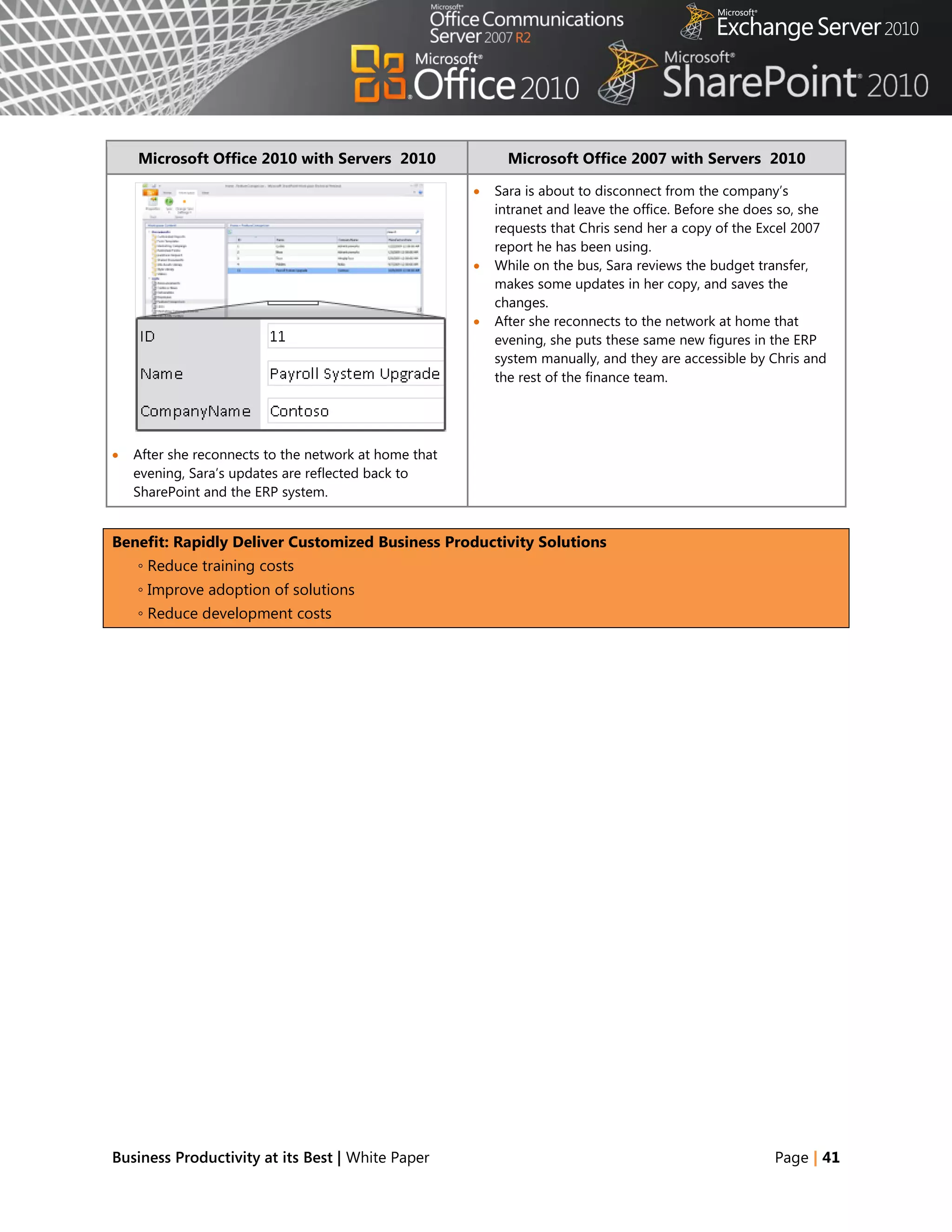 Microsoft Office 2010 with Servers 2010                  Microsoft Office 2007 with Servers 2010

                                                          Sara is about to disconnect from the company‘s
                                                           intranet and leave the office. Before she does so, she
                                                           requests that Chris send her a copy of the Excel 2007
                                                           report he has been using.
                                                          While on the bus, Sara reviews the budget transfer,
                                                           makes some updates in her copy, and saves the
                                                           changes.
                                                          After she reconnects to the network at home that
                                                           evening, she puts these same new figures in the ERP
                                                           system manually, and they are accessible by Chris and
                                                           the rest of the finance team.




   After she reconnects to the network at home that
    evening, Sara‘s updates are reflected back to
    SharePoint and the ERP system.


Benefit: Rapidly Deliver Customized Business Productivity Solutions
    ◦ Reduce training costs
    ◦ Improve adoption of solutions
    ◦ Reduce development costs




Business Productivity at its Best | White Paper                                                         Page | 41
 